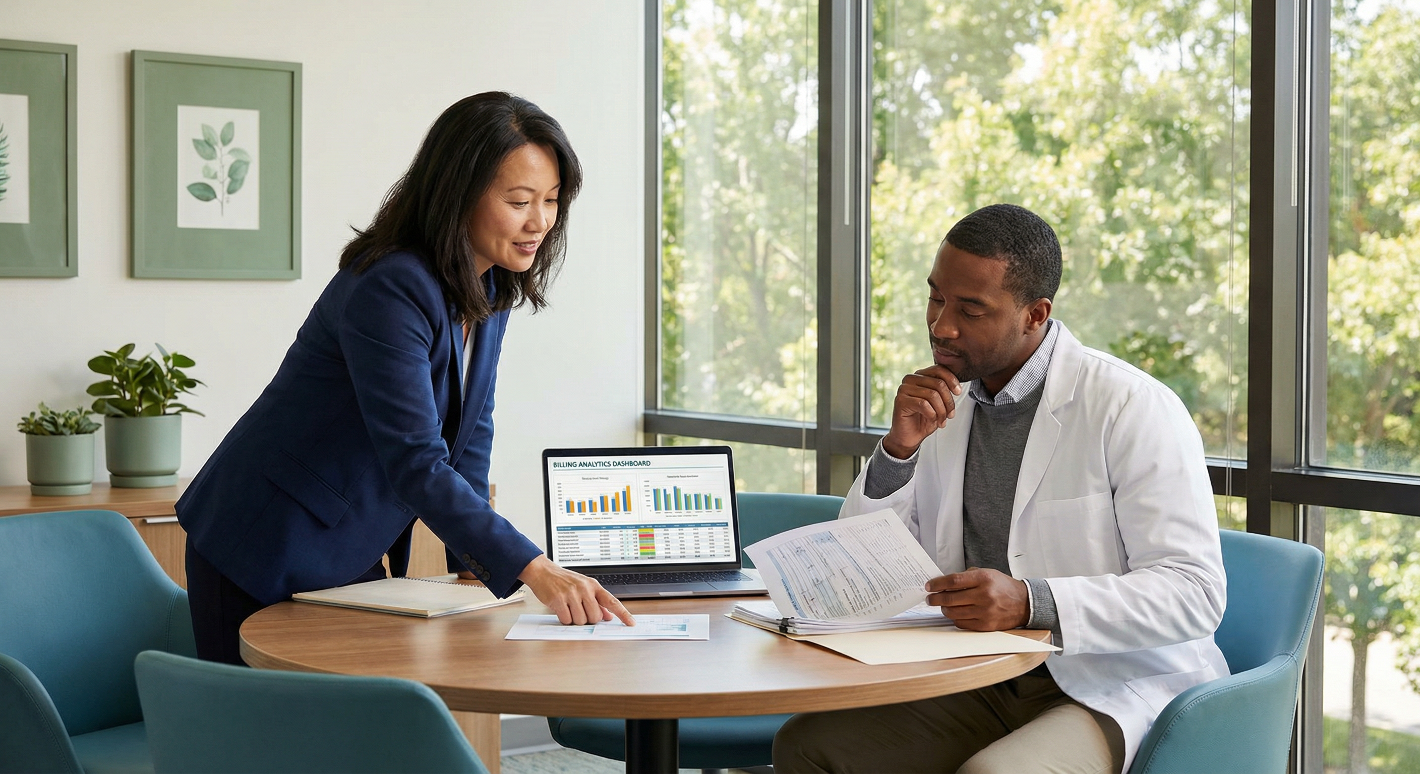 Billing specialist consulting with healthcare provider